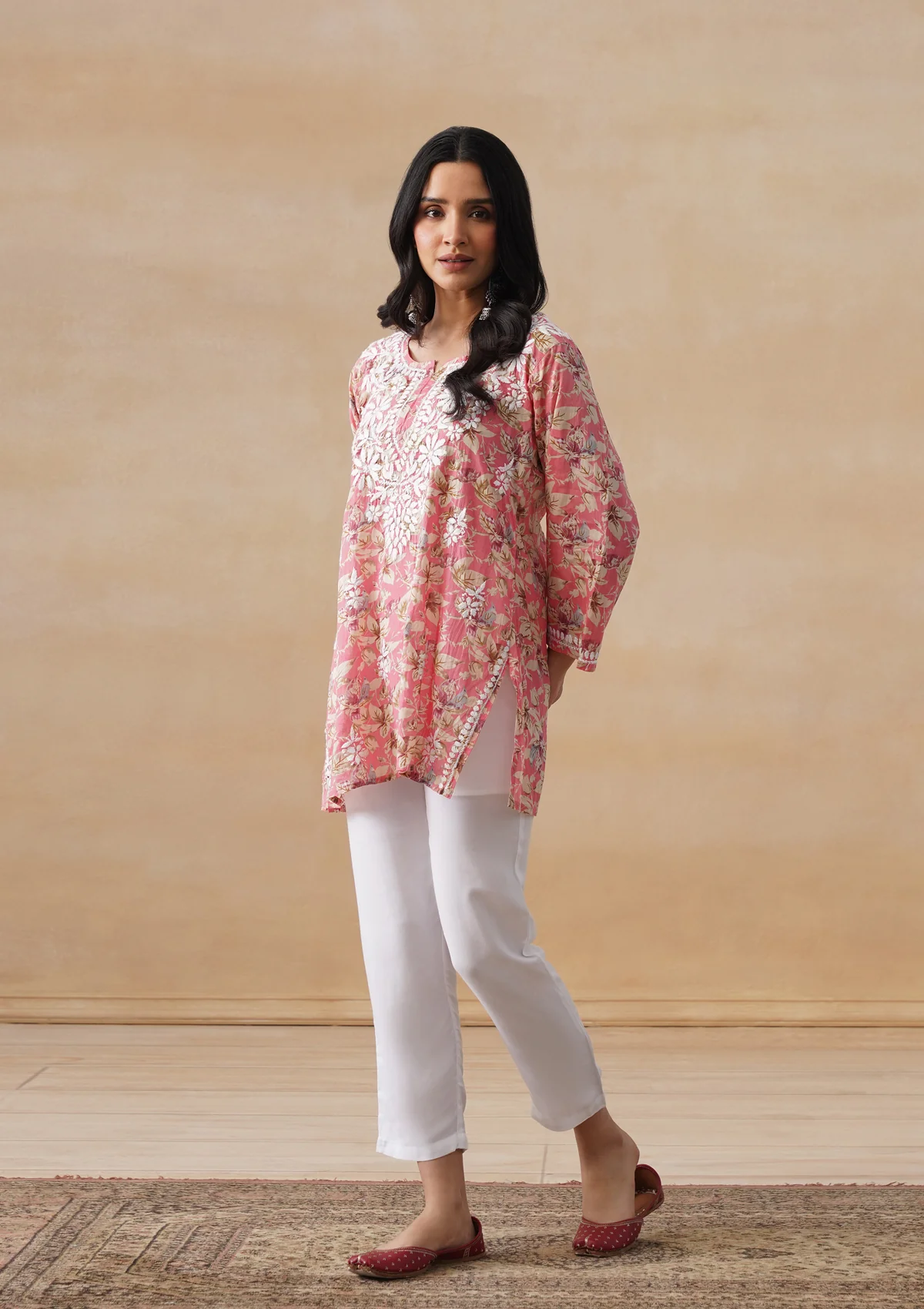 HOC Mulmul Chikankari Printed Women's Short Kurta - Coral - Image 7