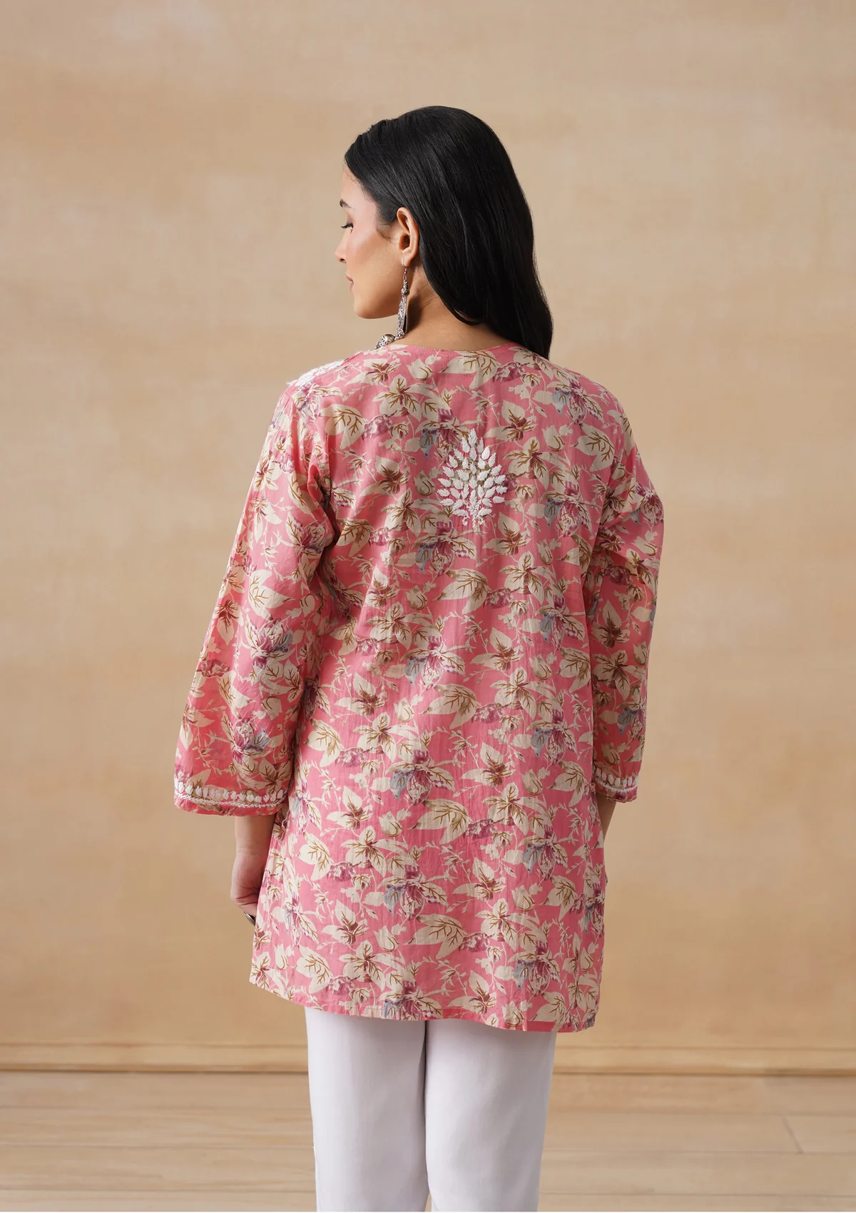 HOC Mulmul Chikankari Printed Women's Short Kurta - Coral - Image 9