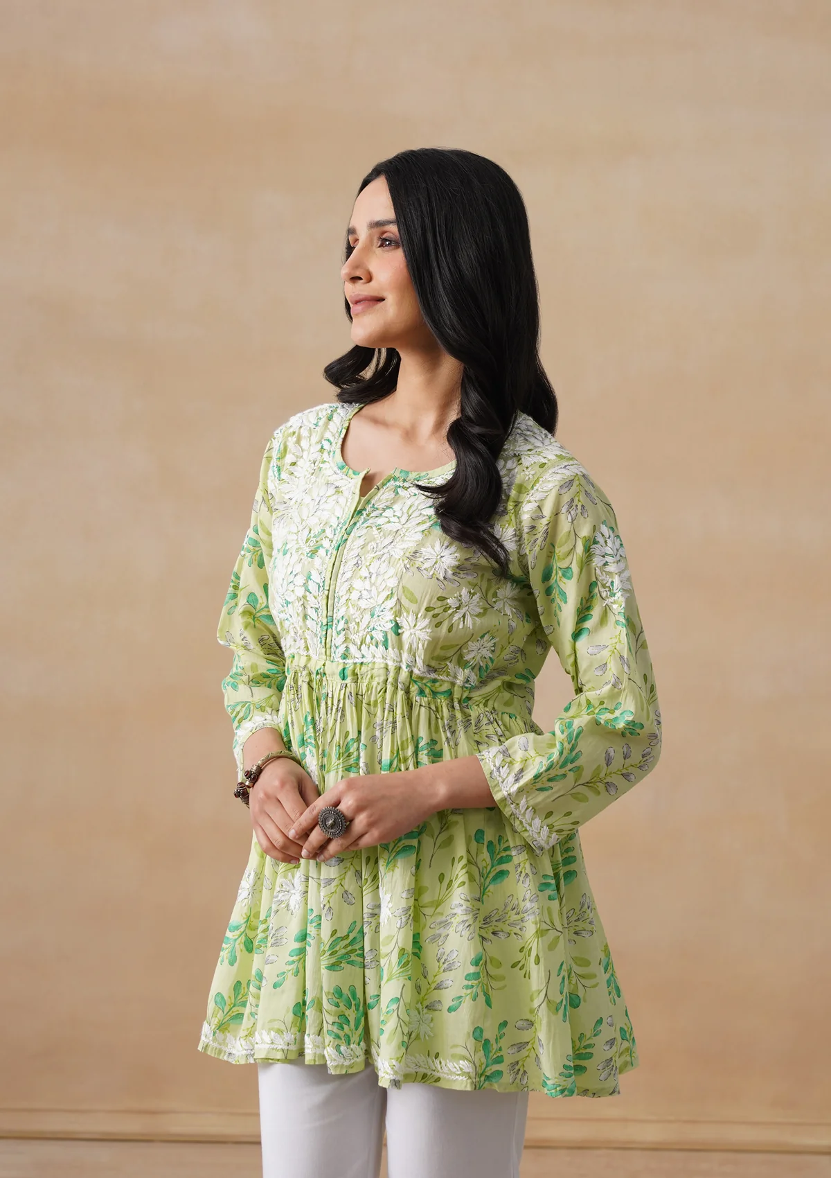HOC Mulmul Chikankari Printed Women's Short Kurta - Green - Image 2