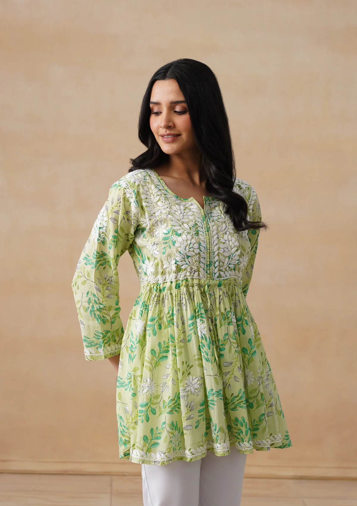 HOC Mulmul Chikankari Printed Women's Short Kurta - Green - Image 5