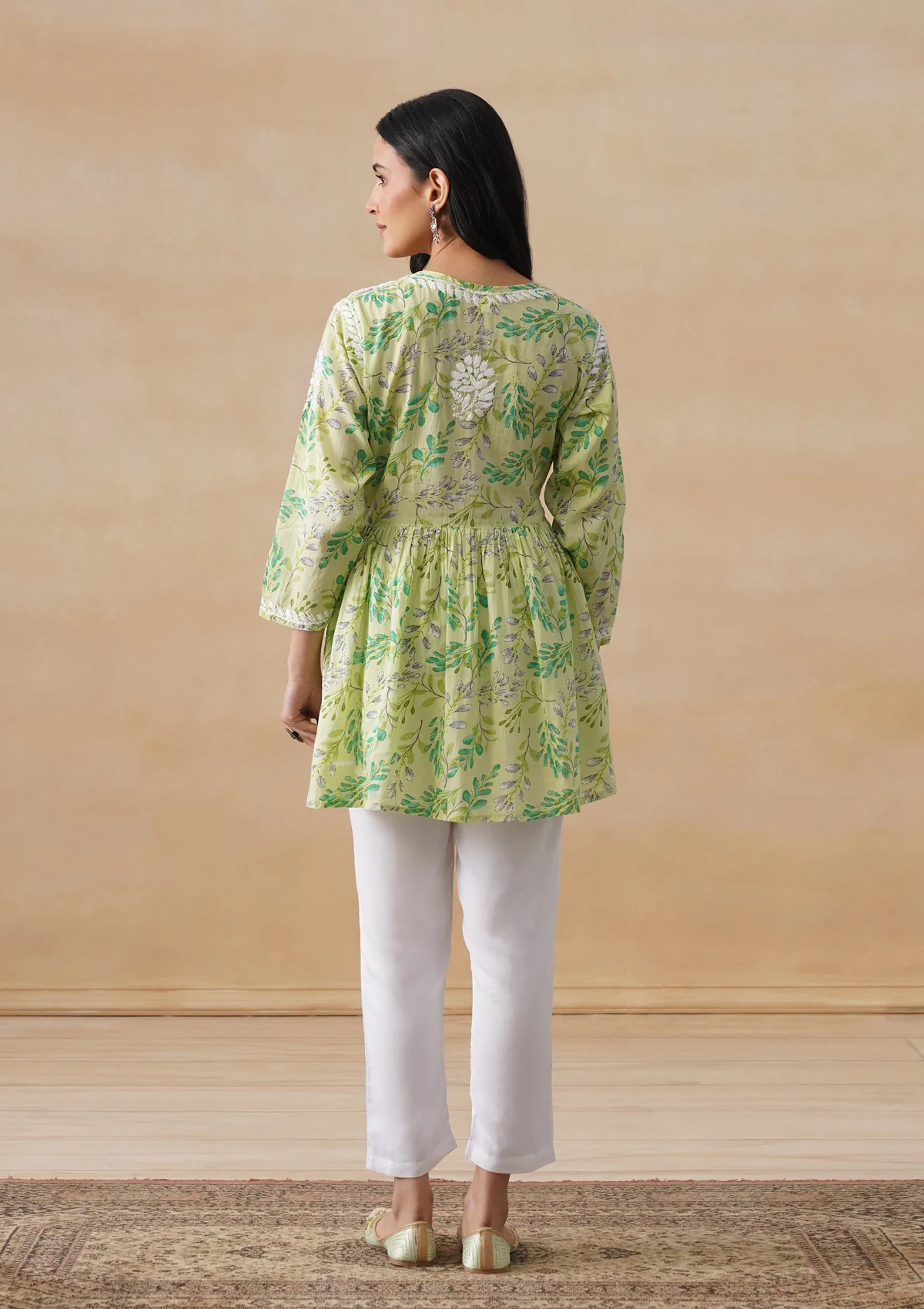 HOC Mulmul Chikankari Printed Women's Short Kurta - Green - Image 8