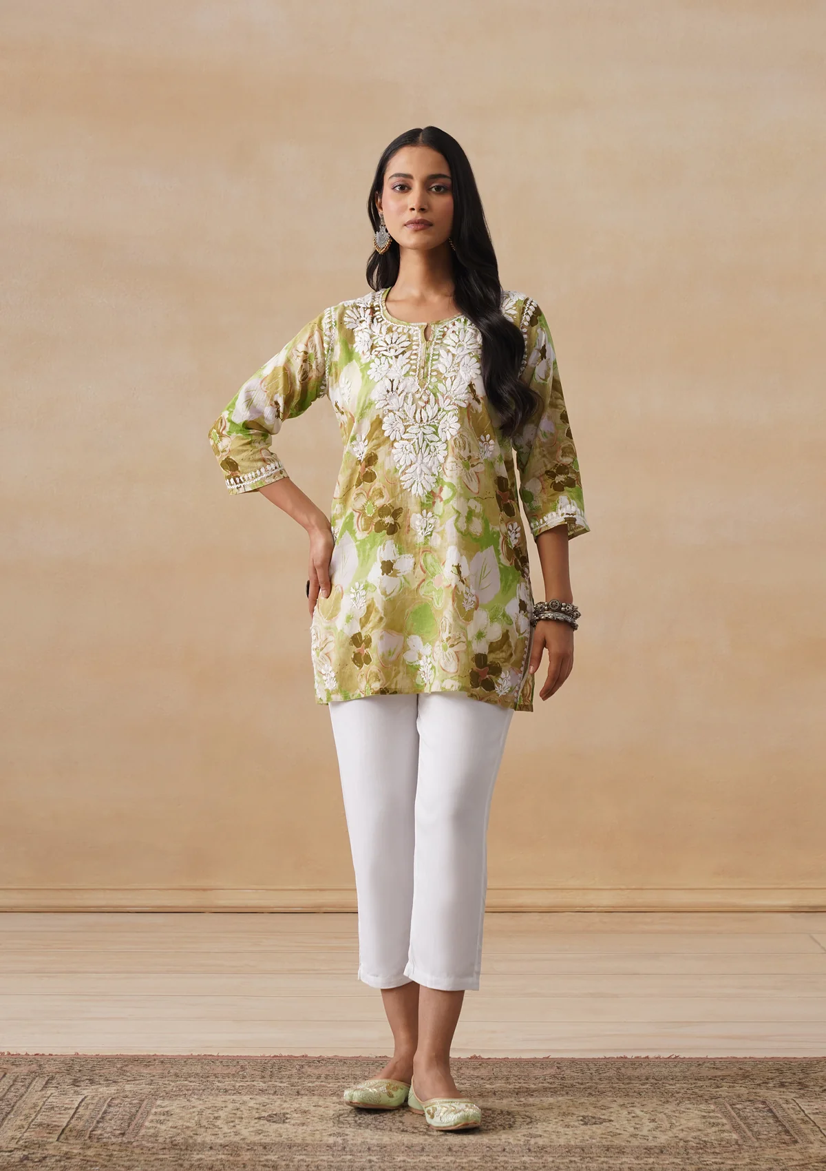 HOC Mulmul Chikankari Printed Women's Short Kurta - Green - Image 3