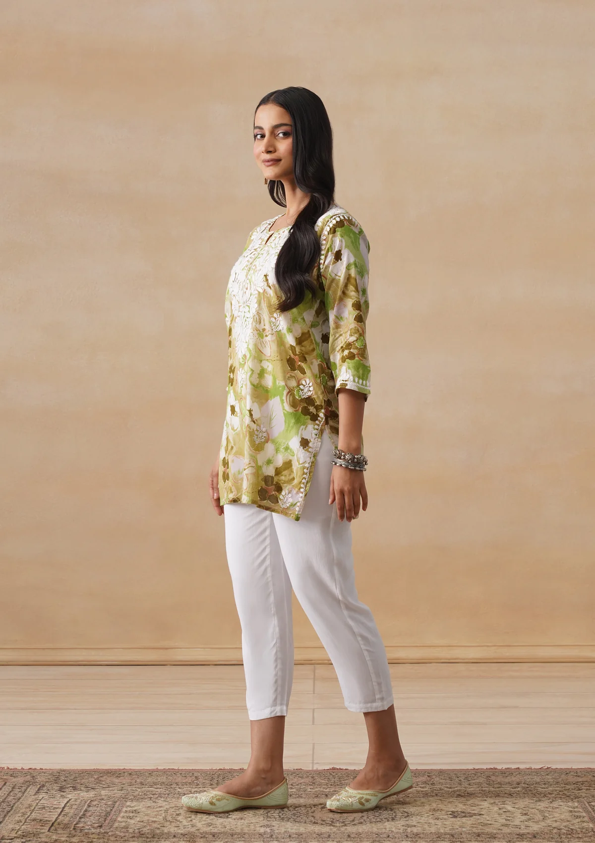 HOC Mulmul Chikankari Printed Women's Short Kurta - Green - Image 5