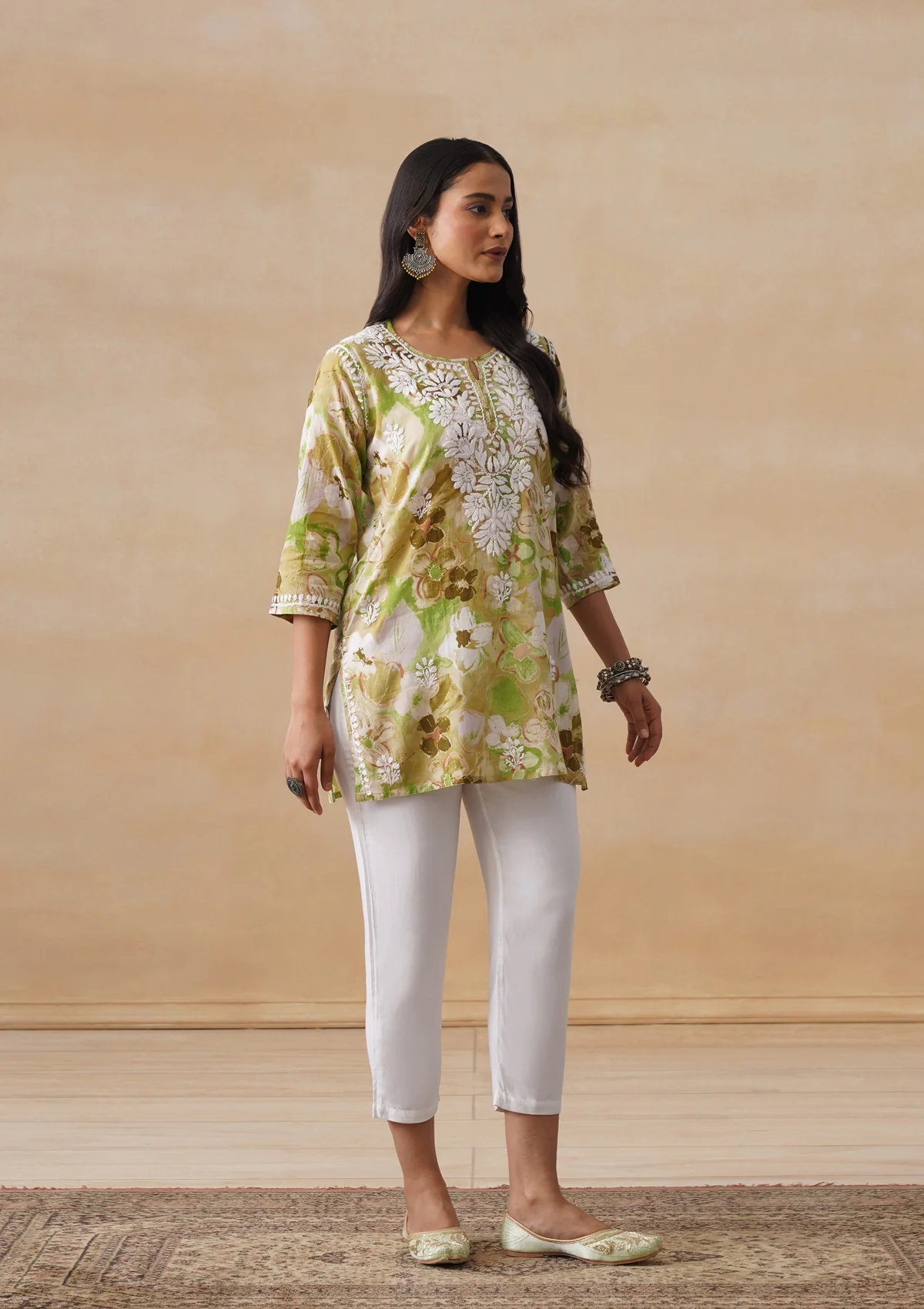 HOC Mulmul Chikankari Printed Women's Short Kurta - Green - Image 6