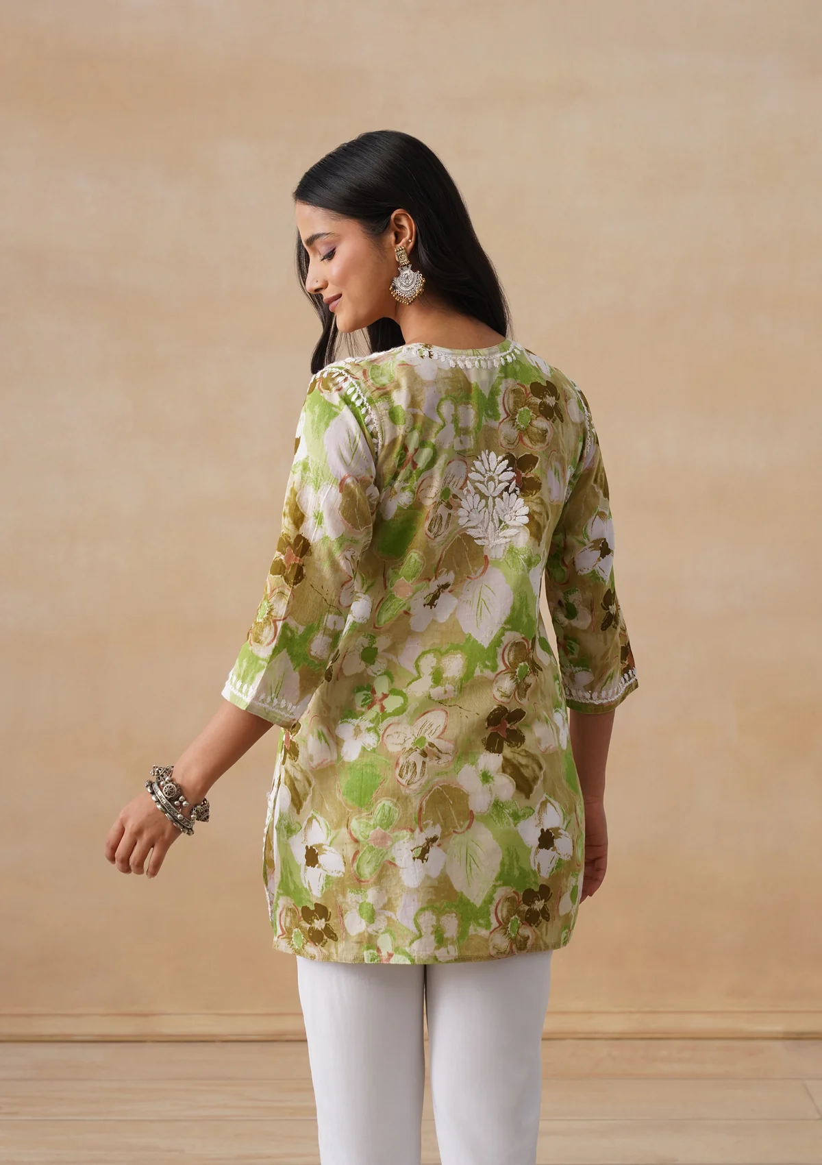 HOC Mulmul Chikankari Printed Women's Short Kurta - Green - Image 8