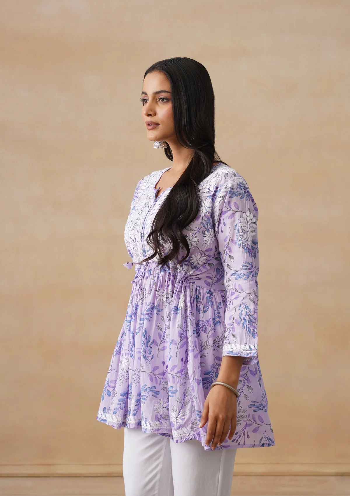 HOC Mulmul Chikankari Printed Women's Short Kurta - Lavender - Image 4
