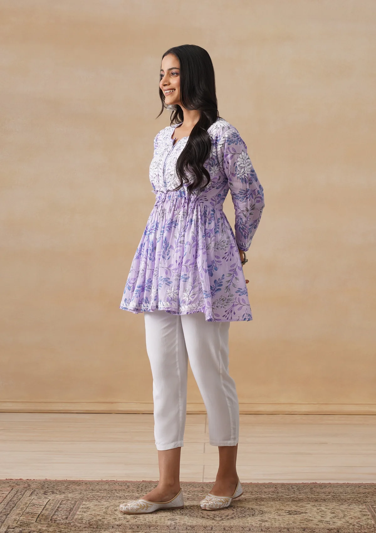 HOC Mulmul Chikankari Printed Women's Short Kurta - Lavender - Image 5