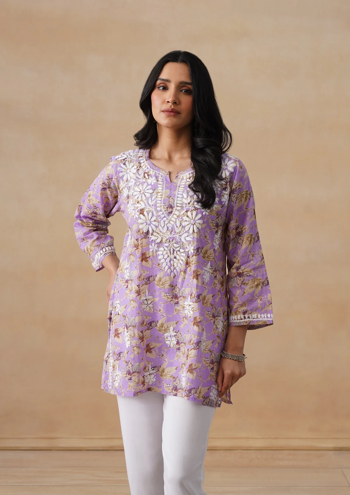 HOC Mulmul Chikankari Printed Women's Short Kurta - Lavender