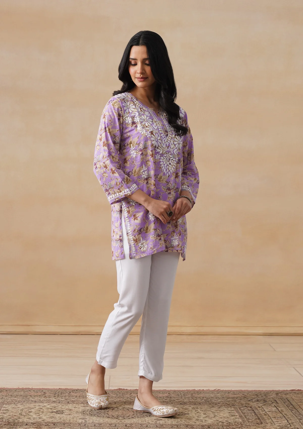 HOC Mulmul Chikankari Printed Women's Short Kurta - Lavender - Image 5