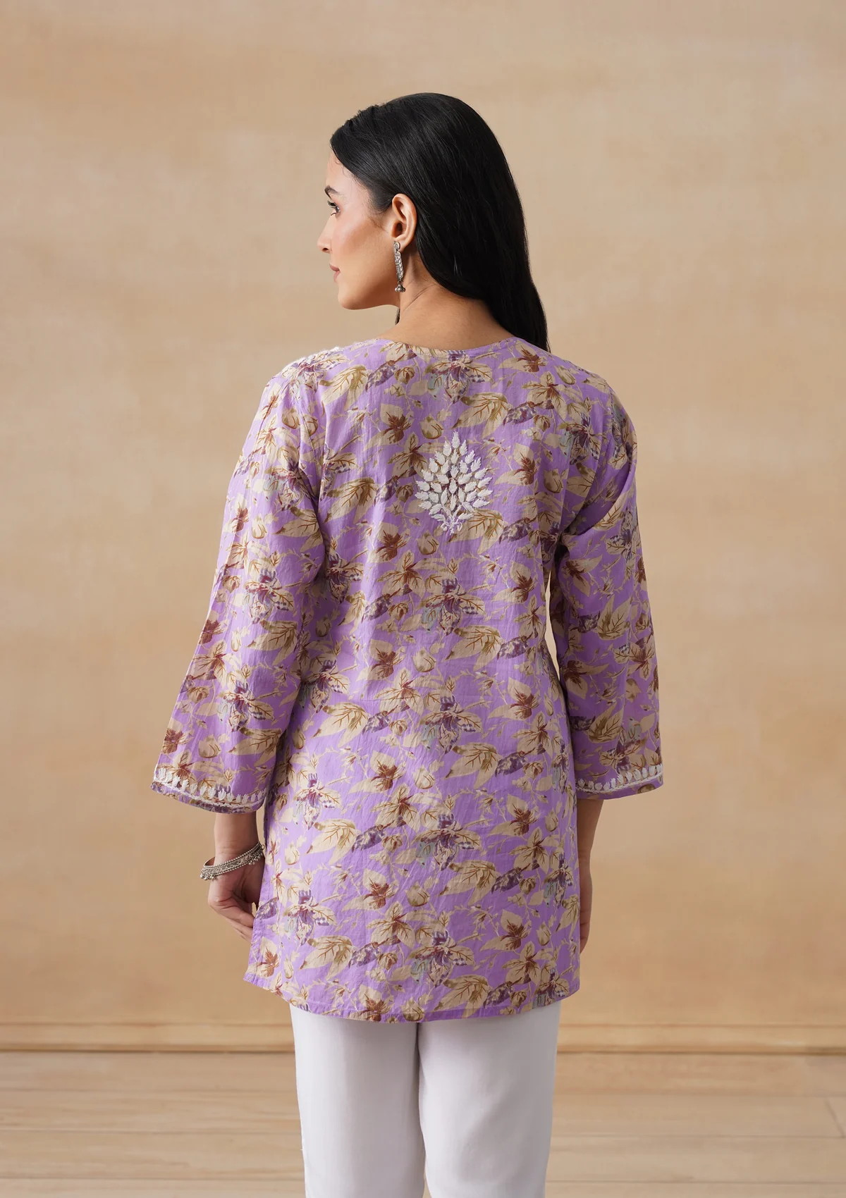 HOC Mulmul Chikankari Printed Women's Short Kurta - Lavender - Image 8