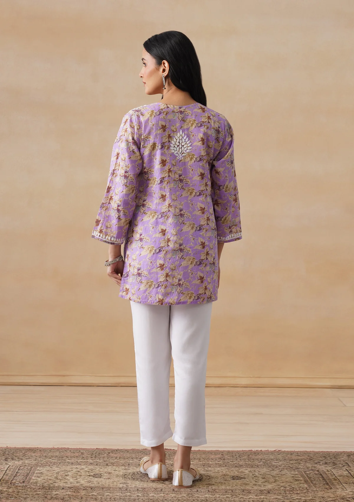 HOC Mulmul Chikankari Printed Women's Short Kurta - Lavender - Image 9