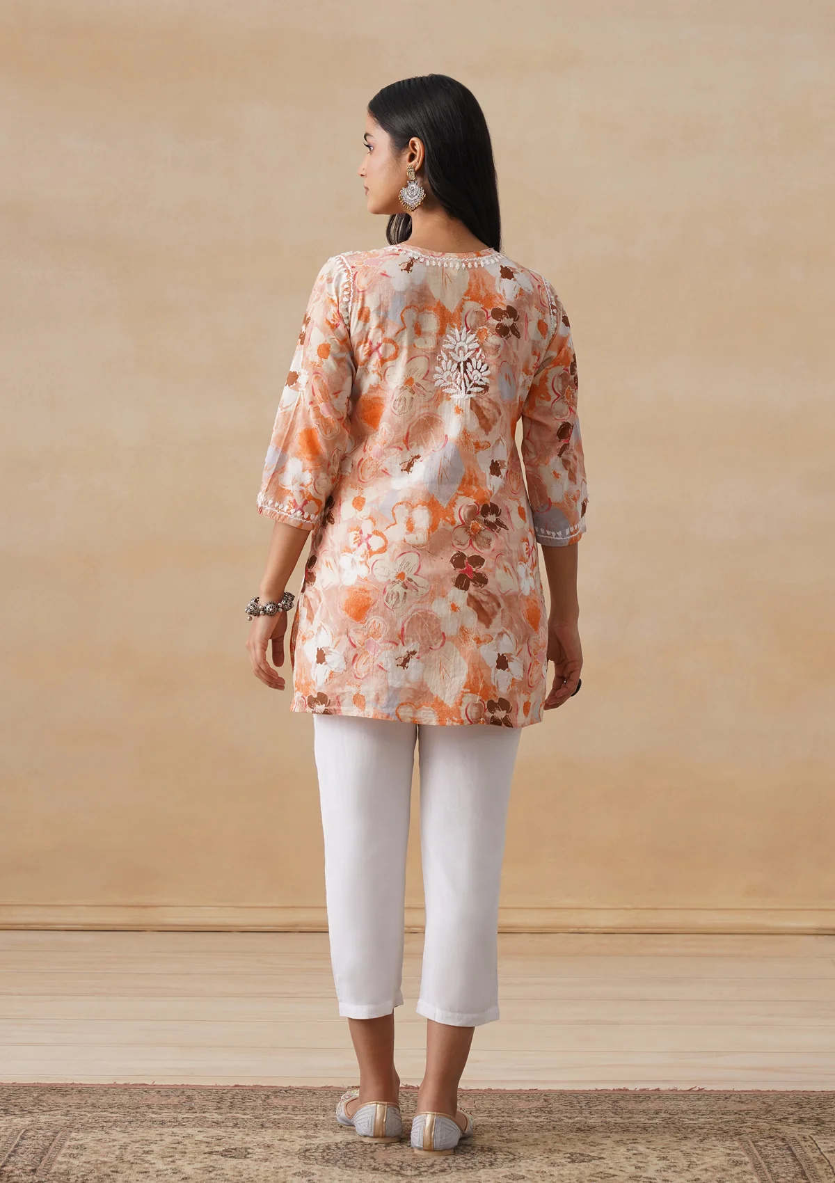 HOC Mulmul Chikankari Printed Women's Short Kurta - Orange - Image 10