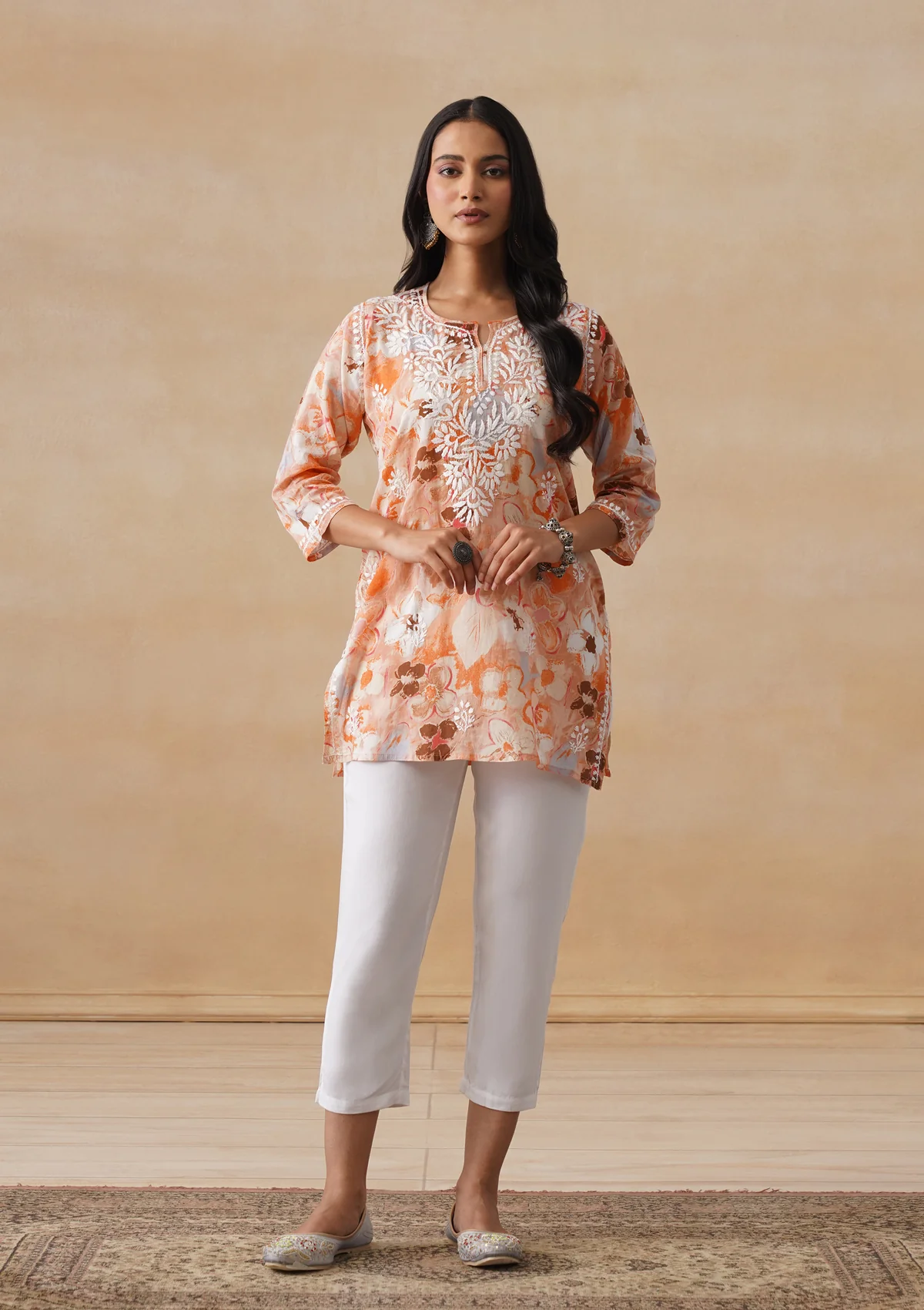 HOC Mulmul Chikankari Printed Women's Short Kurta - Orange - Image 3