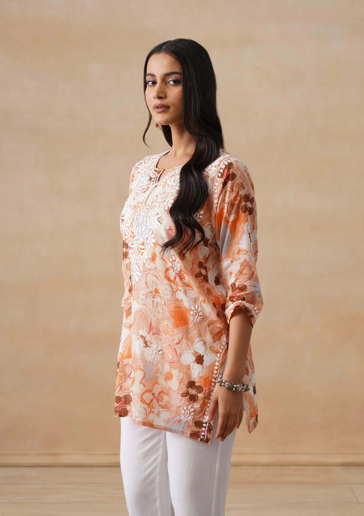 HOC Mulmul Chikankari Printed Women's Short Kurta - Orange - Image 4