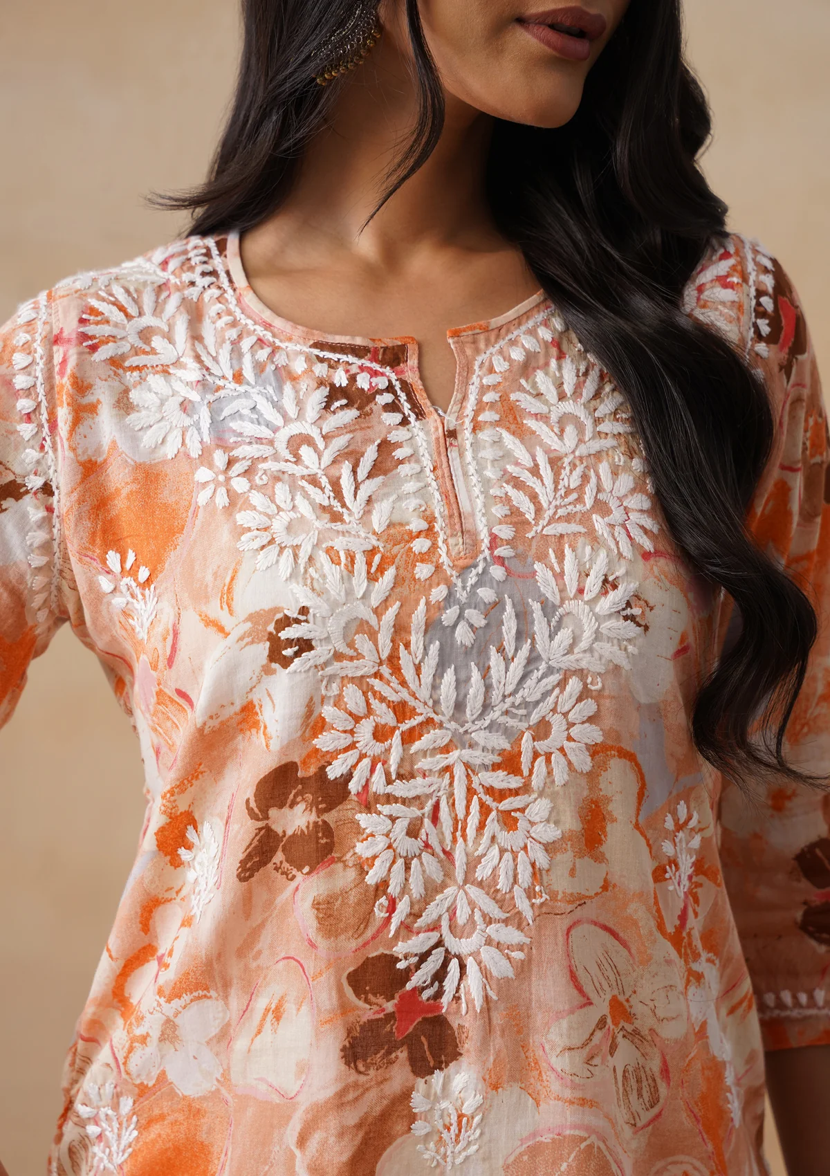 HOC Mulmul Chikankari Printed Women's Short Kurta - Orange - Image 6