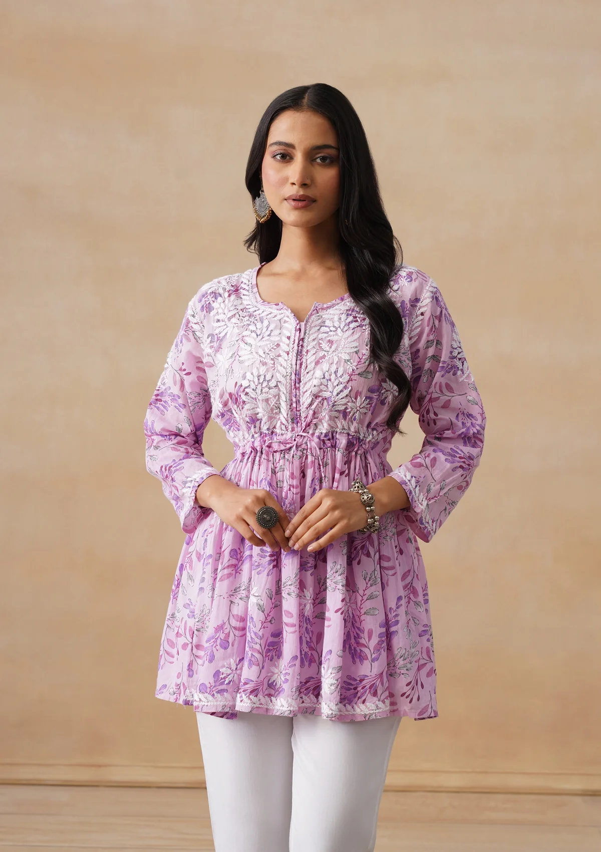 HOC Mulmul Chikankari Printed Women's Short Kurta - Pink