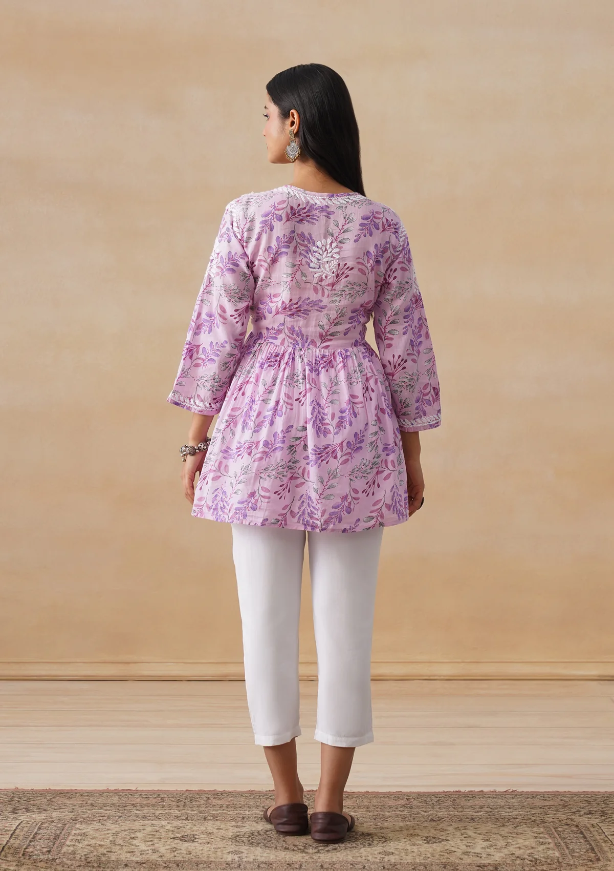HOC Mulmul Chikankari Printed Women's Short Kurta - Pink - Image 10
