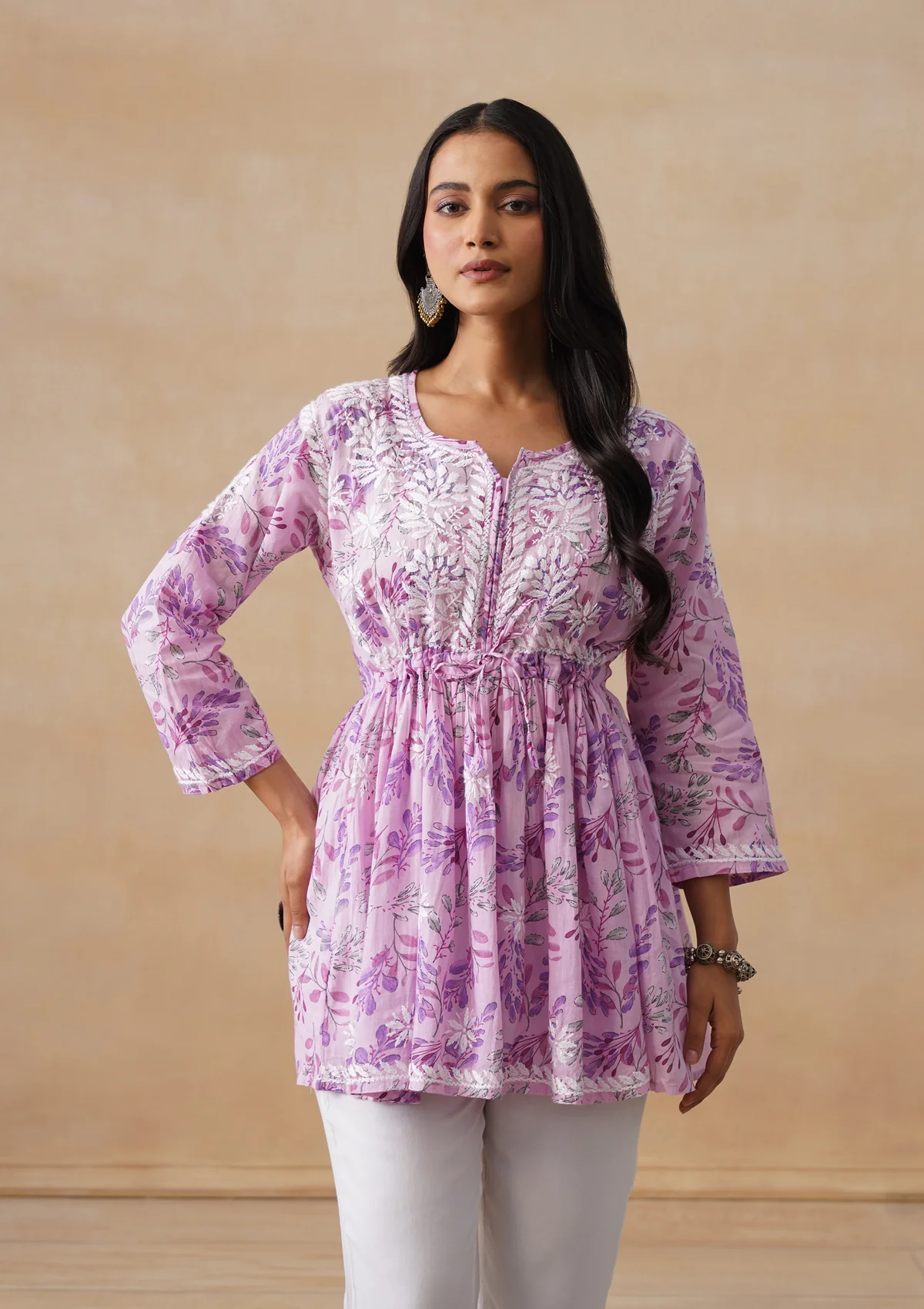 HOC Mulmul Chikankari Printed Women's Short Kurta - Pink - Image 2