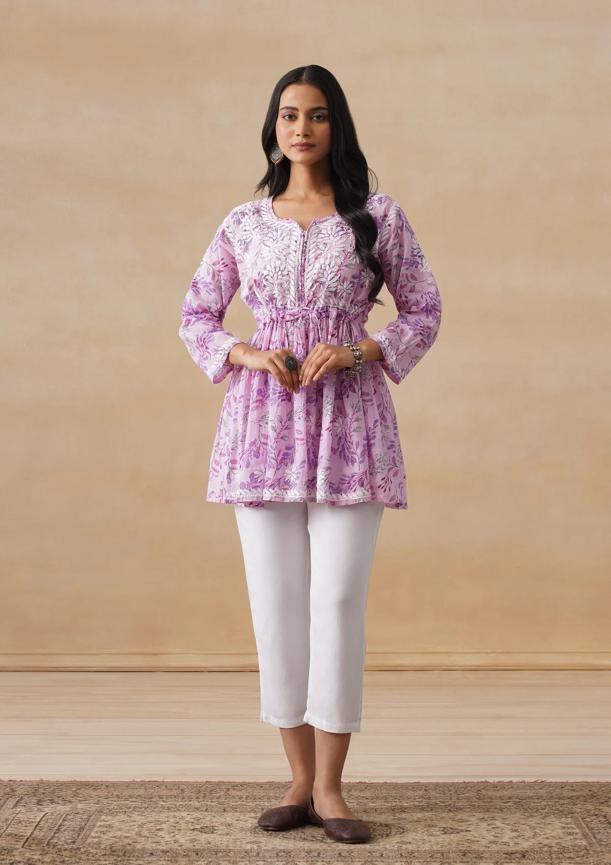 HOC Mulmul Chikankari Printed Women's Short Kurta - Pink - Image 3