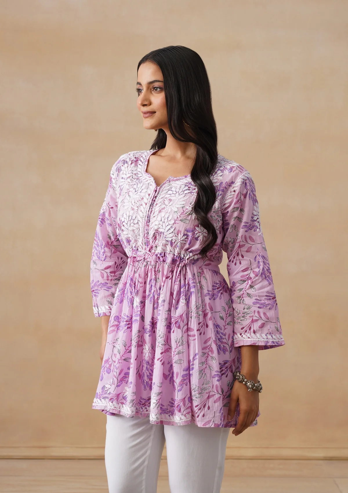 HOC Mulmul Chikankari Printed Women's Short Kurta - Pink - Image 4