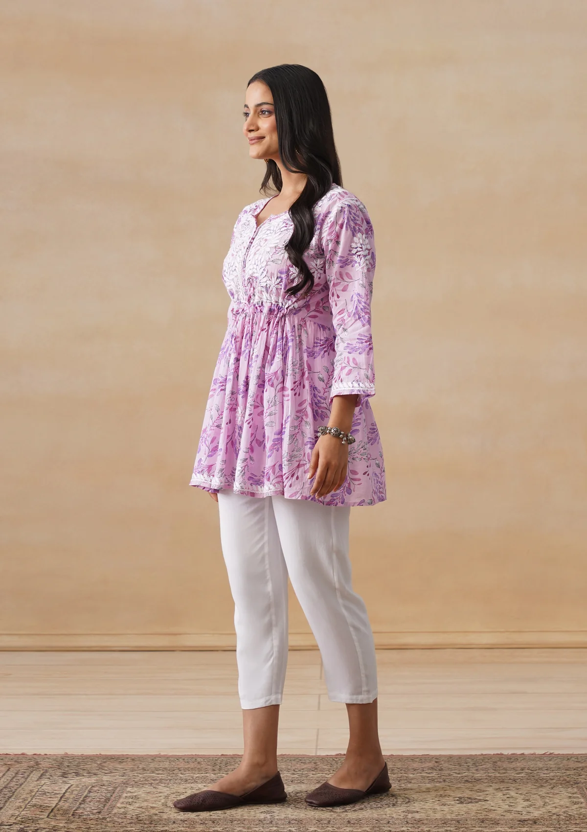 HOC Mulmul Chikankari Printed Women's Short Kurta - Pink - Image 5