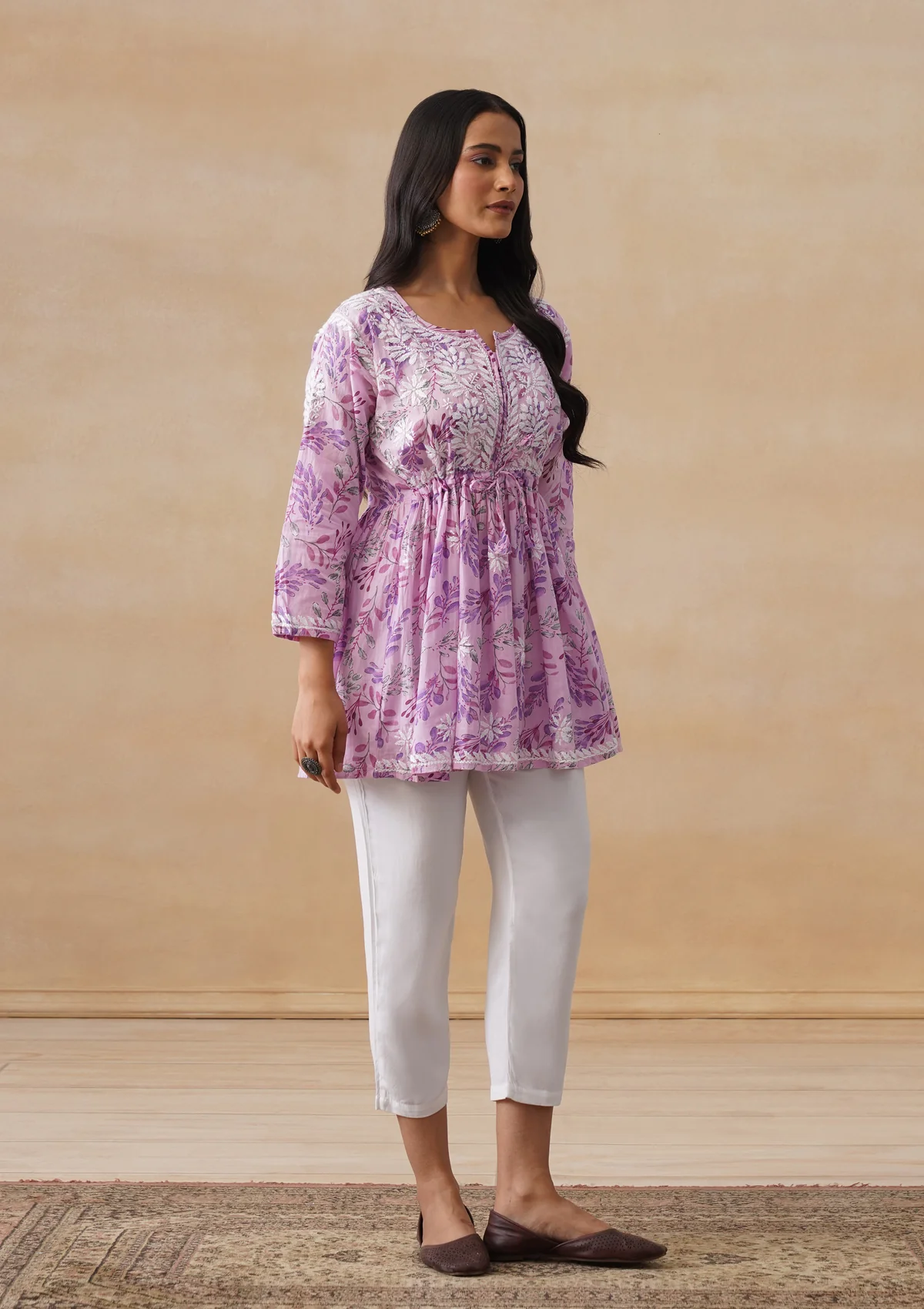 HOC Mulmul Chikankari Printed Women's Short Kurta - Pink - Image 7