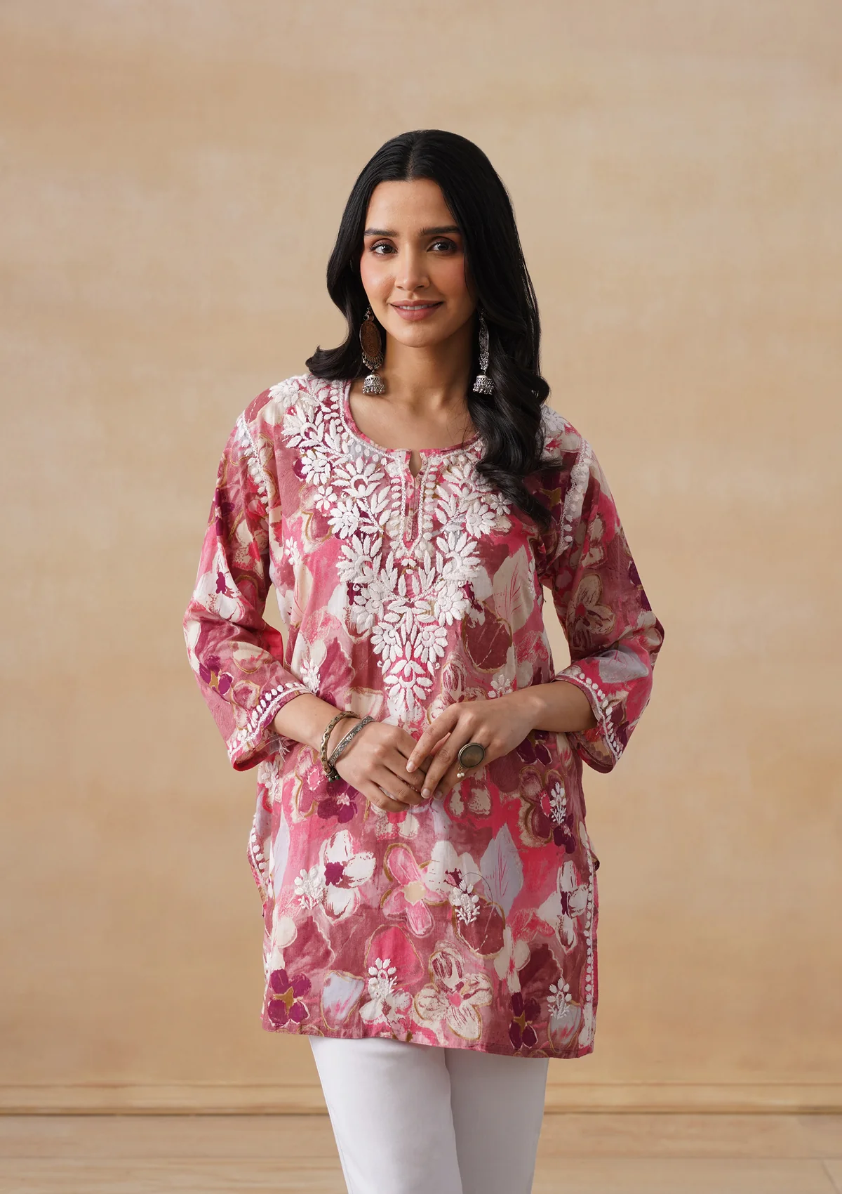 HOC Mulmul Chikankari Printed Women's Short Kurta - Pink