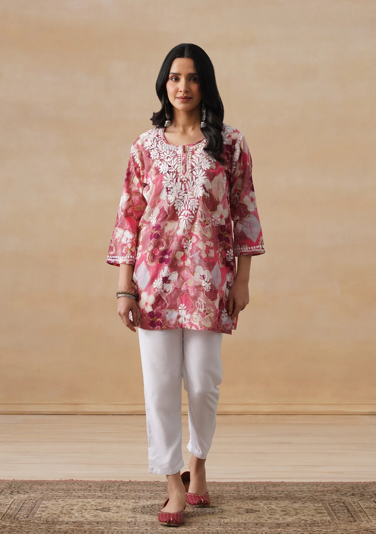 HOC Mulmul Chikankari Printed Women's Short Kurta - Pink - Image 3