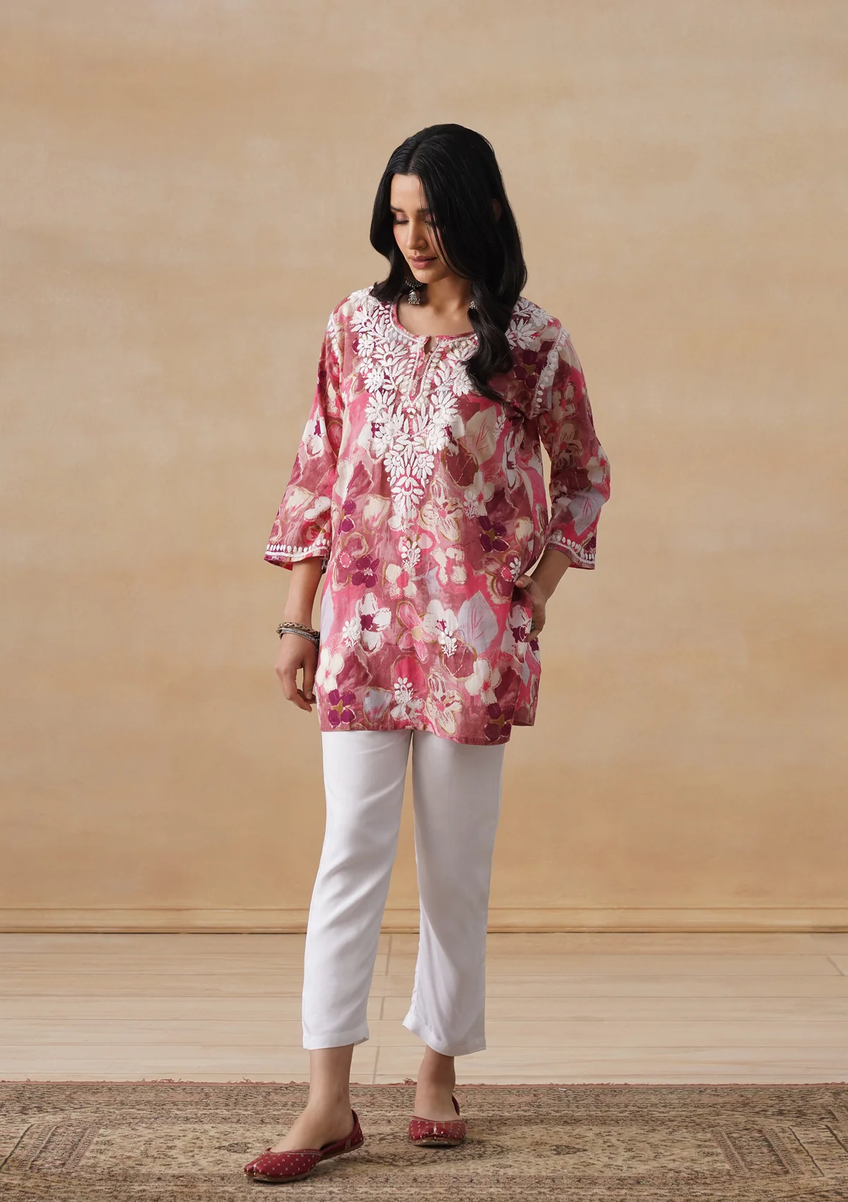 HOC Mulmul Chikankari Printed Women's Short Kurta - Pink - Image 5