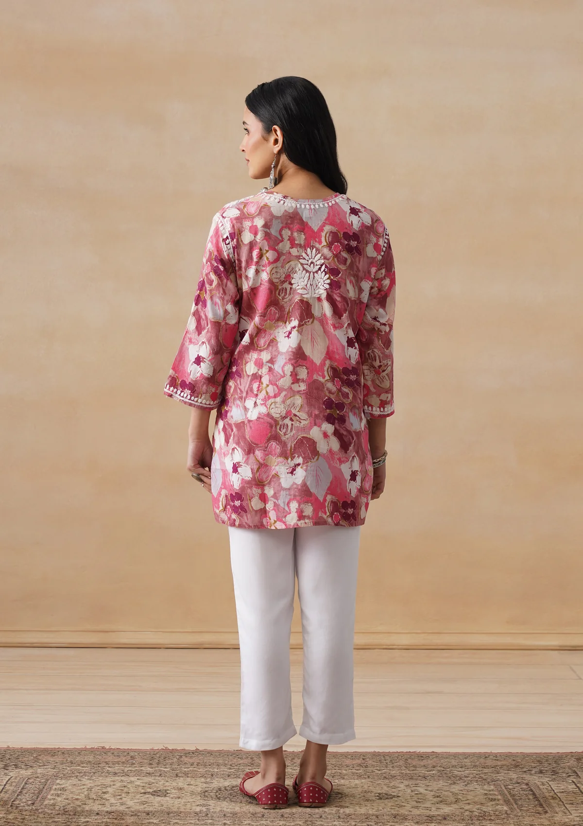 HOC Mulmul Chikankari Printed Women's Short Kurta - Pink - Image 9