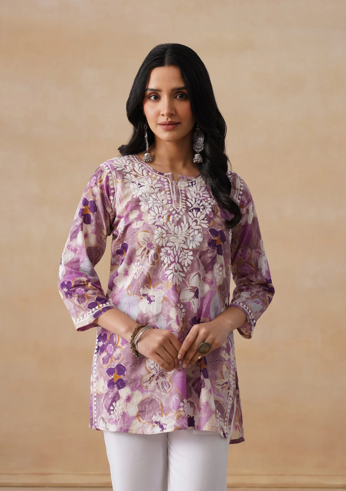 HOC Mulmul Chikankari Printed Women's Short Kurta - Purple
