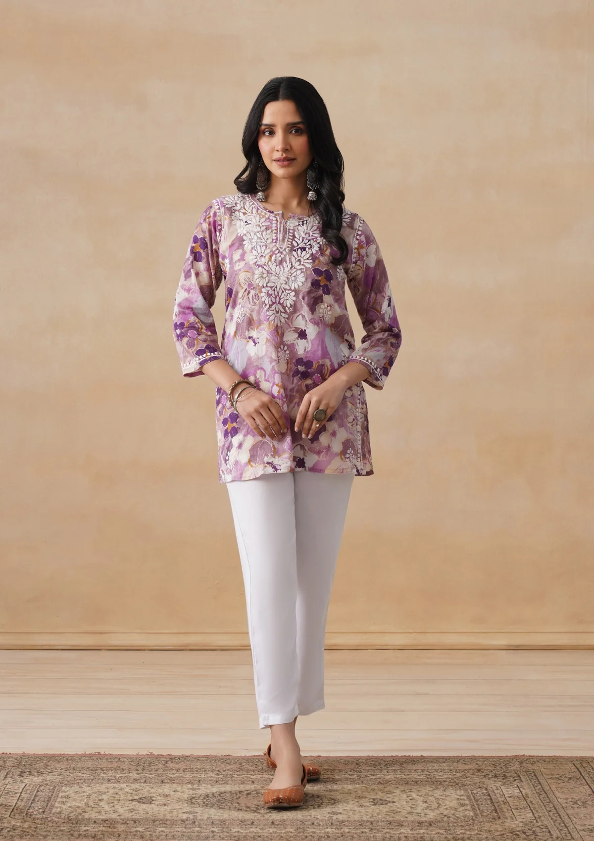 HOC Mulmul Chikankari Printed Women's Short Kurta - Purple - Image 3