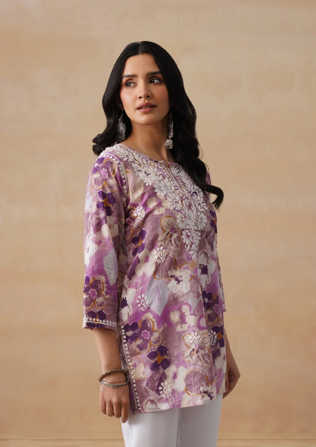 HOC Mulmul Chikankari Printed Women's Short Kurta - Purple - Image 4