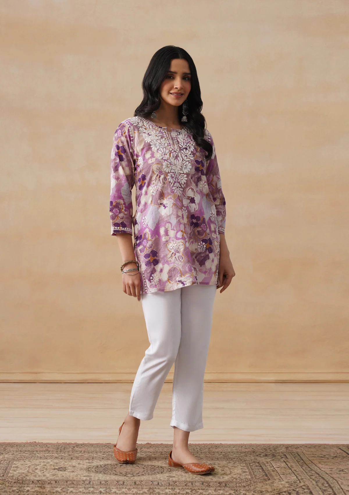 HOC Mulmul Chikankari Printed Women's Short Kurta - Purple - Image 5