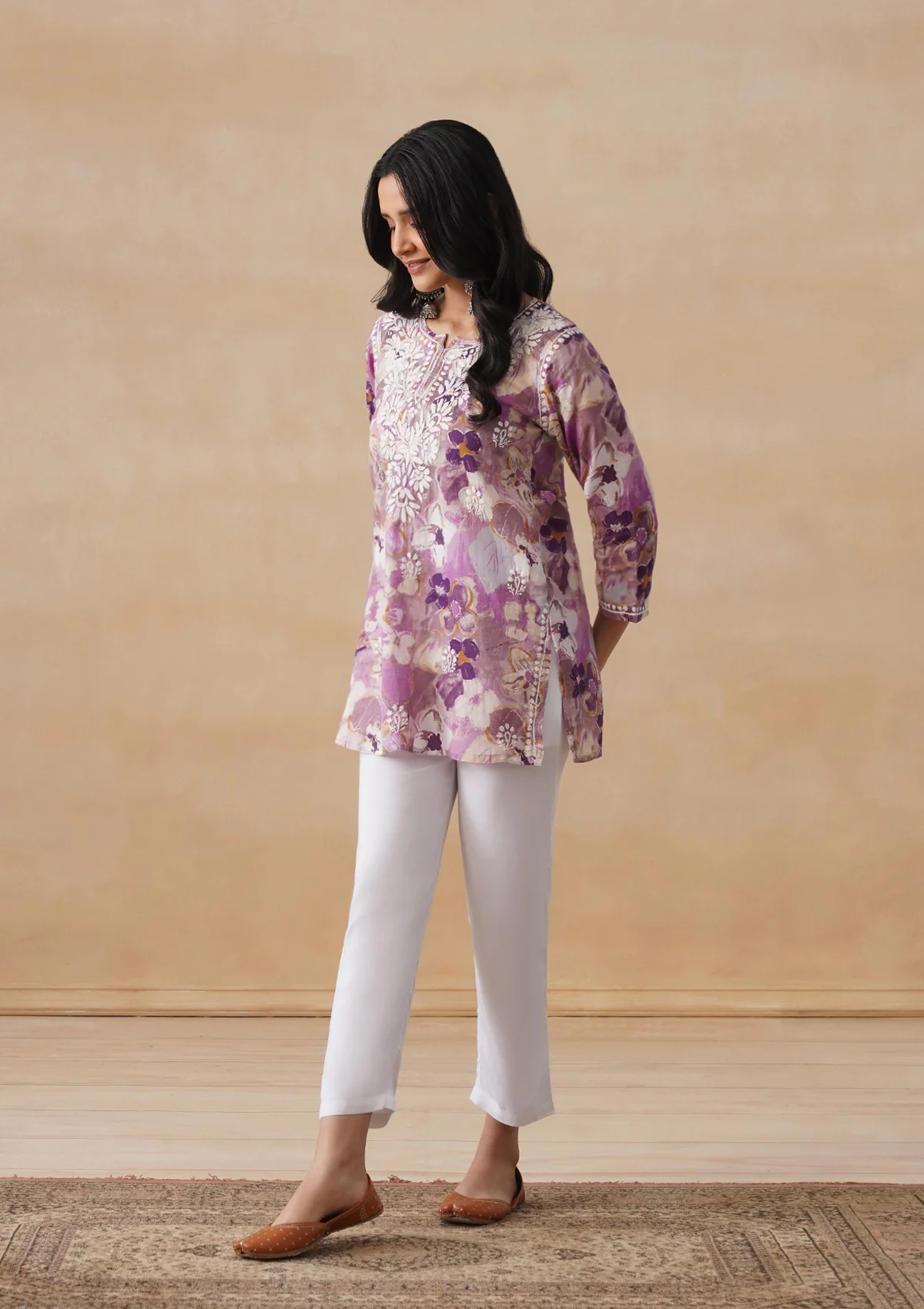HOC Mulmul Chikankari Printed Women's Short Kurta - Purple - Image 6
