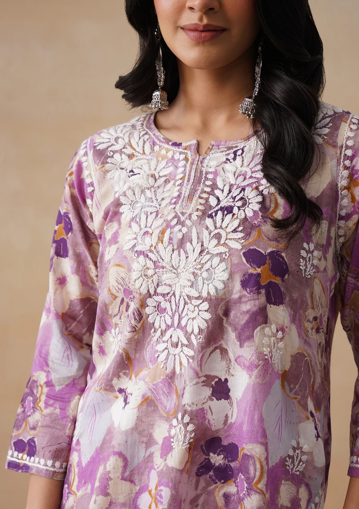 HOC Mulmul Chikankari Printed Women's Short Kurta - Purple - Image 7