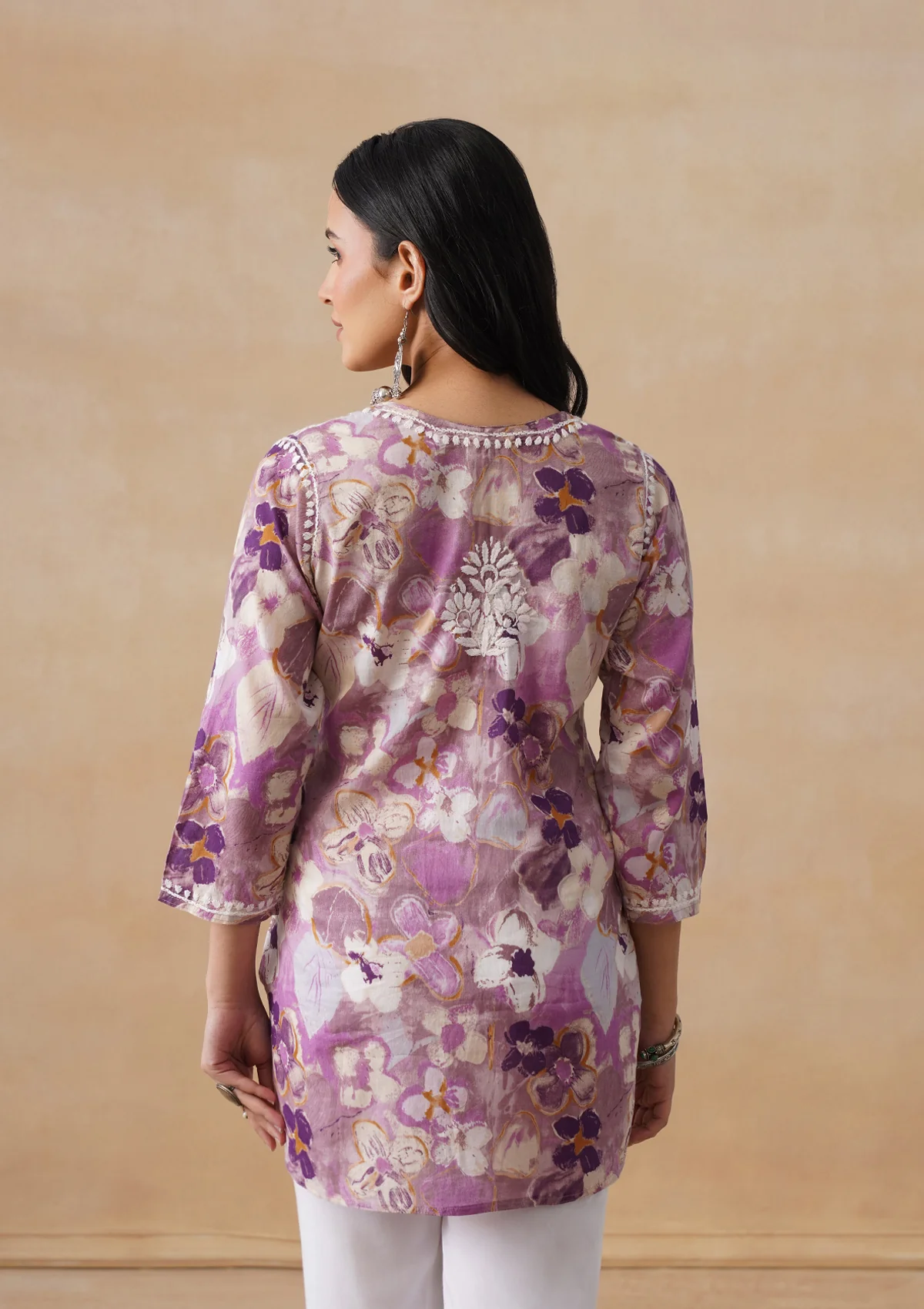HOC Mulmul Chikankari Printed Women's Short Kurta - Purple - Image 8