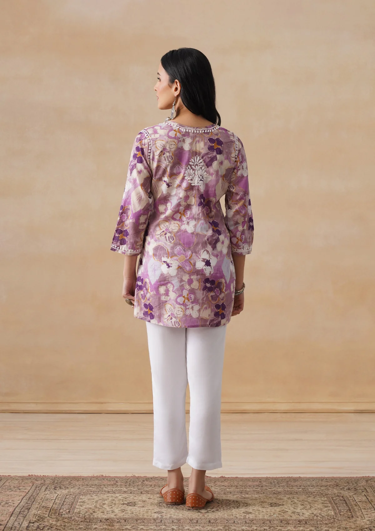 HOC Mulmul Chikankari Printed Women's Short Kurta - Purple - Image 9