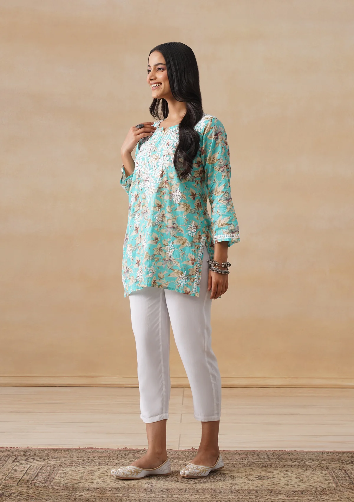 HOC Mulmul Chikankari Printed Women's Short Kurta - Turquoise - Image 5