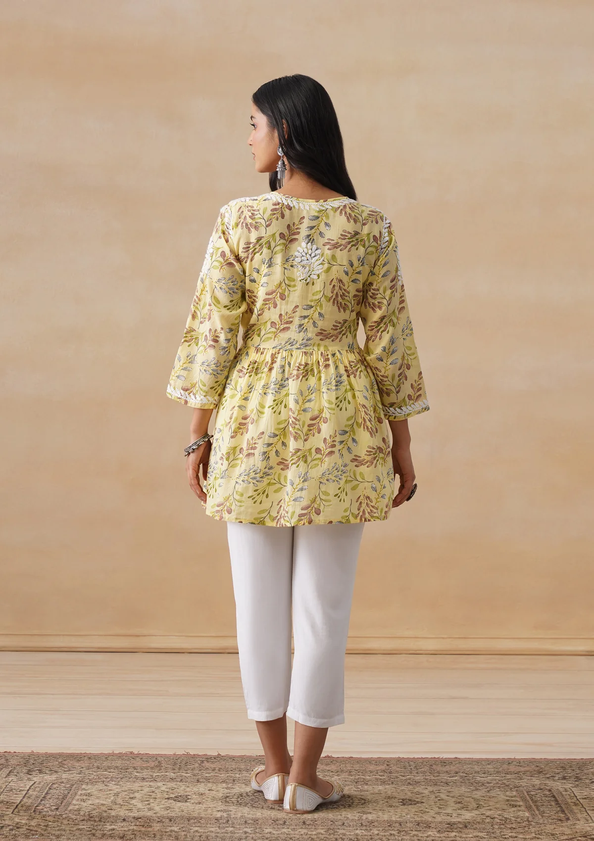 HOC Mulmul Chikankari Printed Women's Short Kurta - Yellow - Image 10