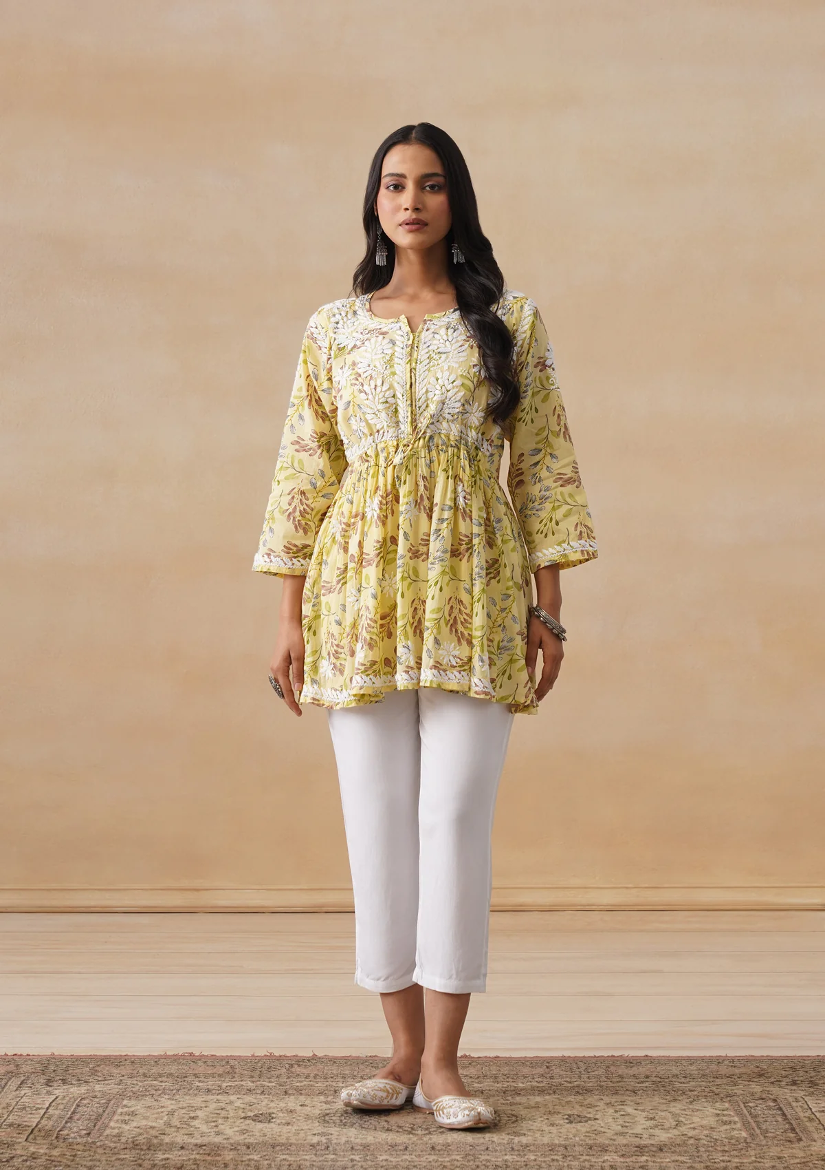 HOC Mulmul Chikankari Printed Women's Short Kurta - Yellow - Image 3