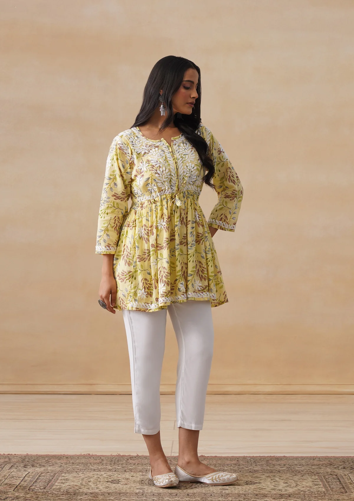 HOC Mulmul Chikankari Printed Women's Short Kurta - Yellow - Image 7