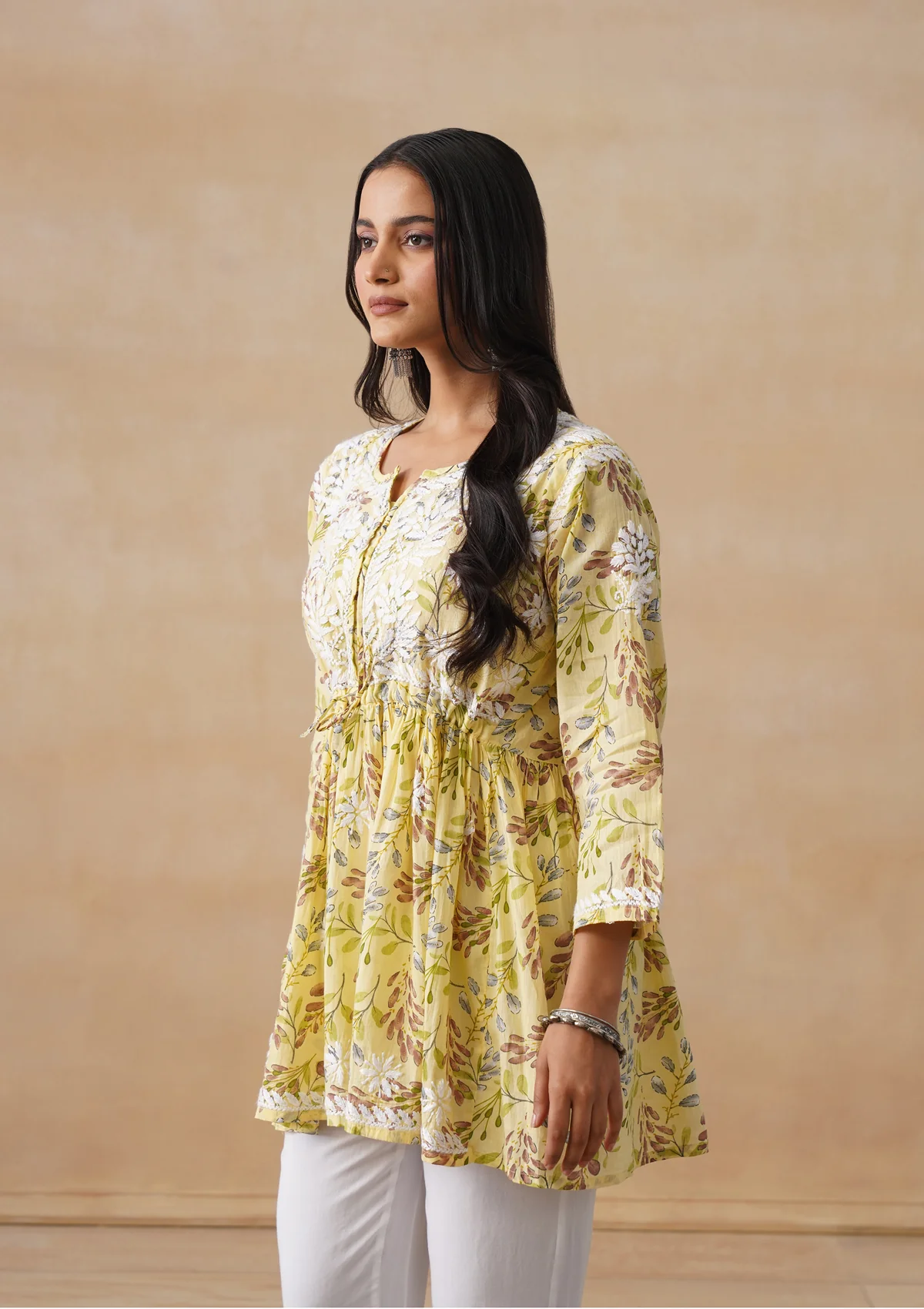 HOC Mulmul Chikankari Printed Women's Short Kurta - Yellow - Image 8