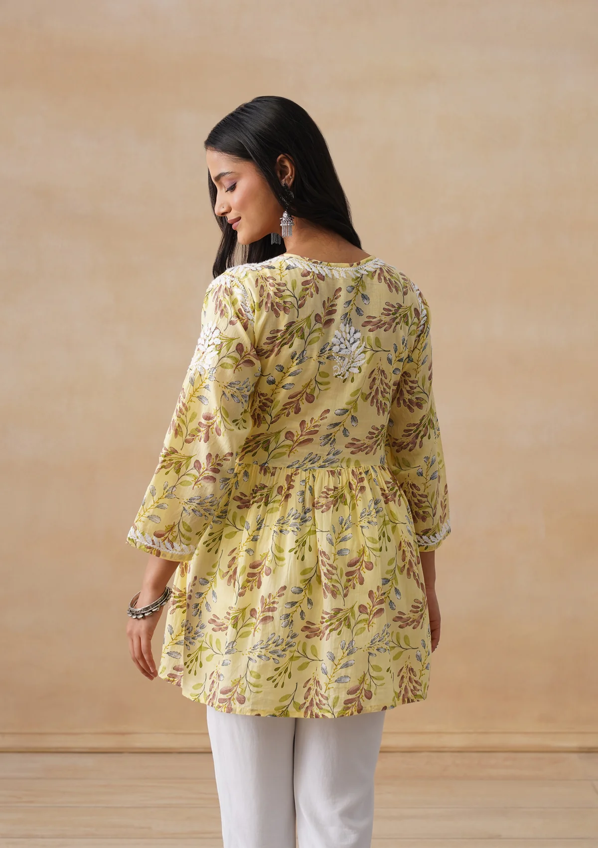 HOC Mulmul Chikankari Printed Women's Short Kurta - Yellow - Image 9