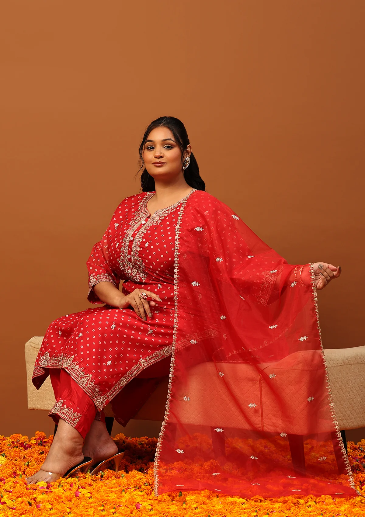 HOC Organza Zari Embroidered With Sequins Bandhani Printed Women's Straight Kurta Set-Red