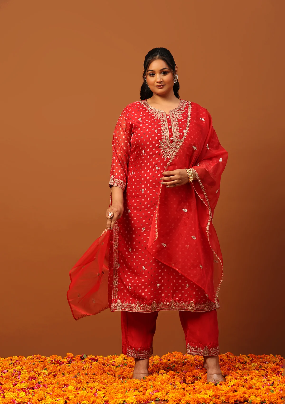HOC Organza Zari Embroidered With Sequins Bandhani Printed Women's Straight Kurta Set-Red - Image 2