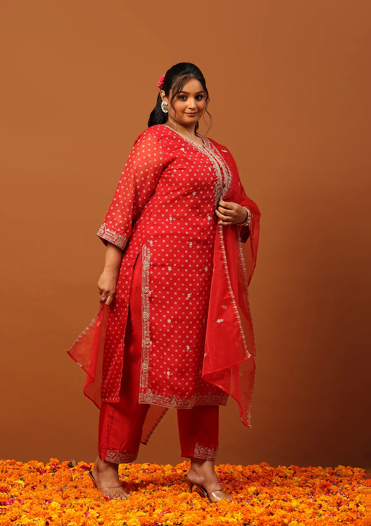 HOC Organza Zari Embroidered With Sequins Bandhani Printed Women's Straight Kurta Set-Red - Image 3