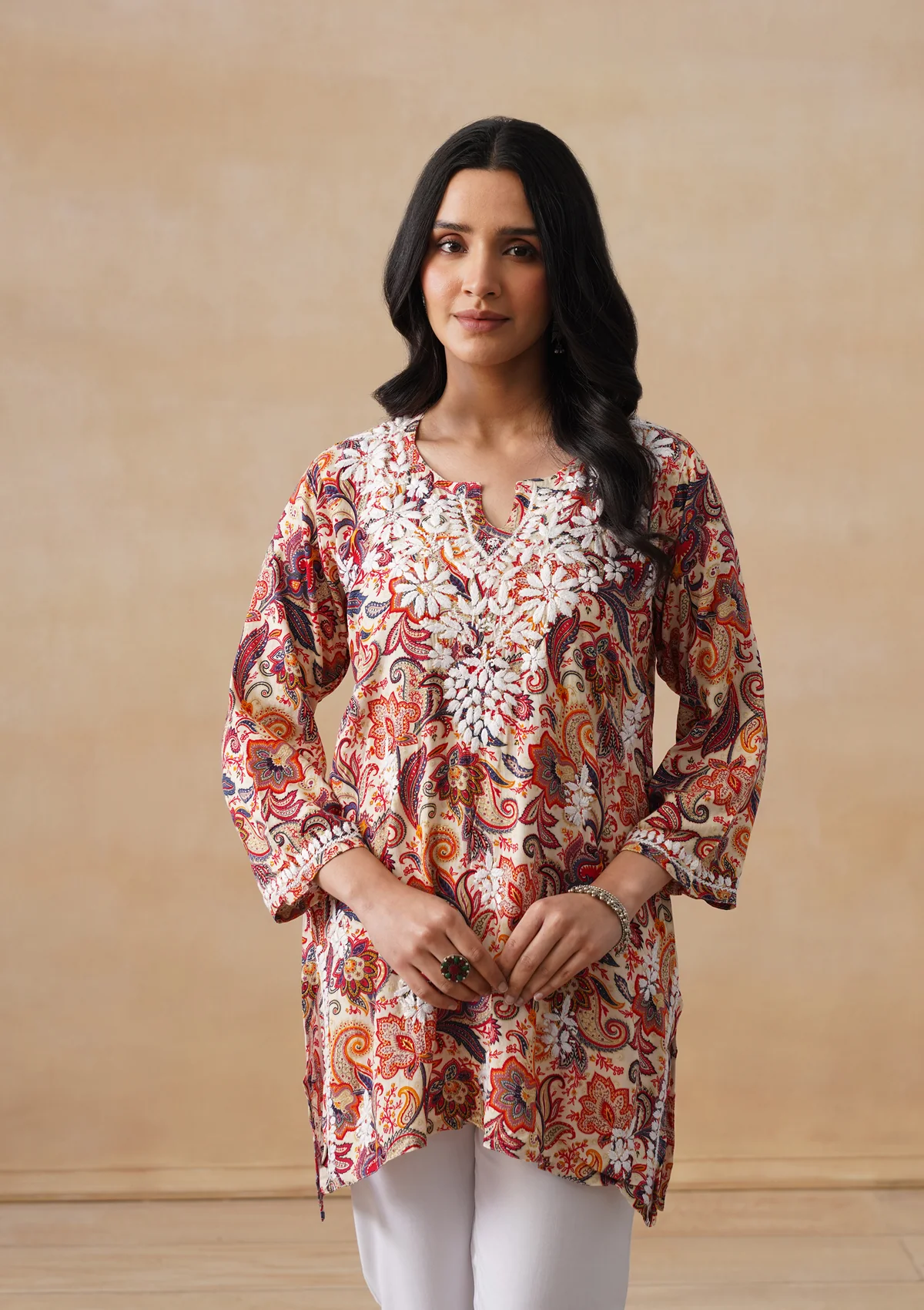 HOC Rayon Chikankari Printed Women's Short Kurta - Off white