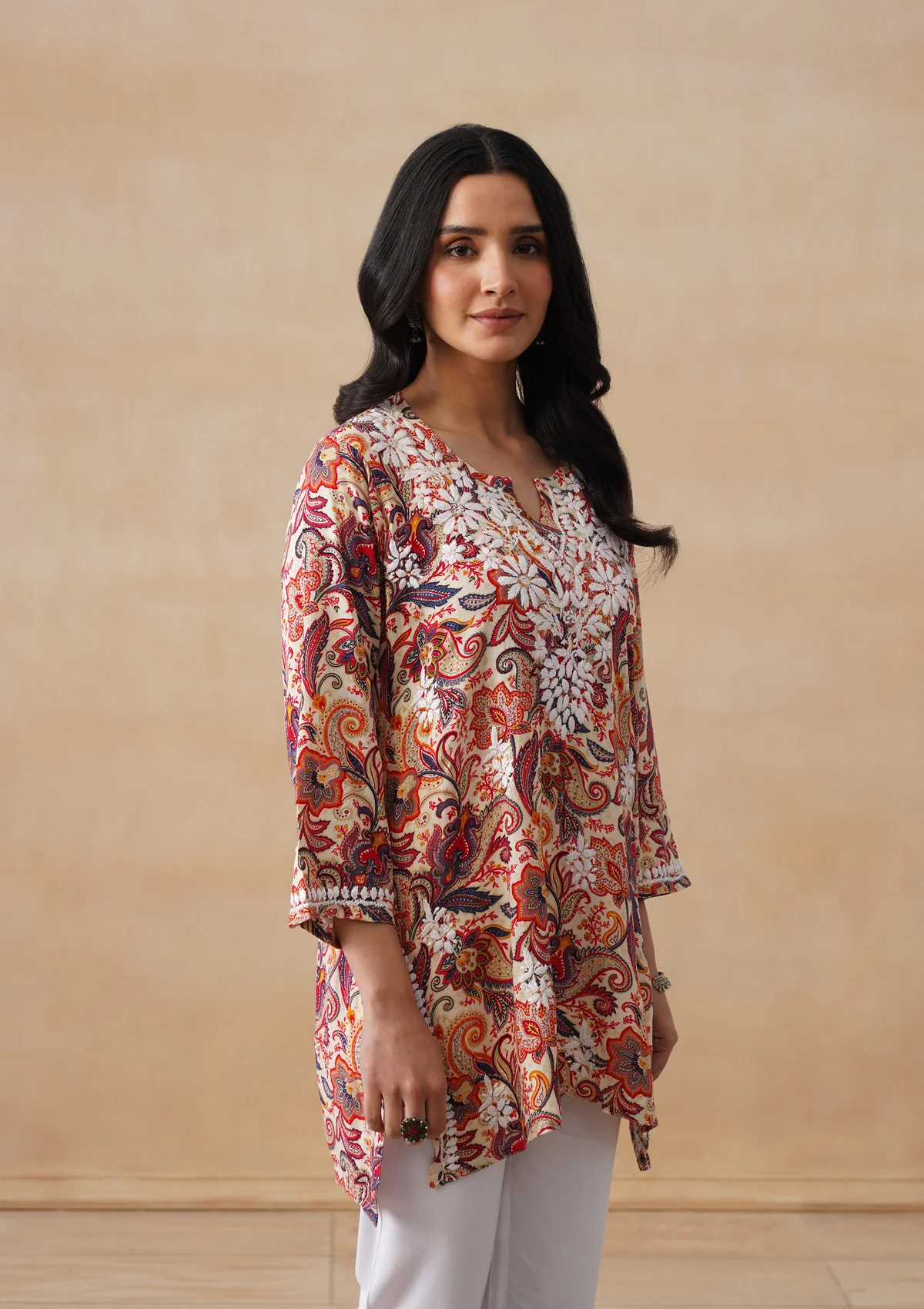 HOC Rayon Chikankari Printed Women's Short Kurta - Off white - Image 2