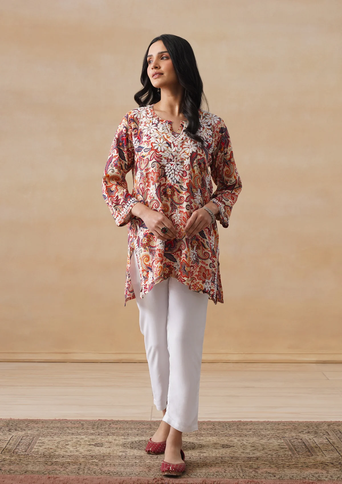 HOC Rayon Chikankari Printed Women's Short Kurta - Off white - Image 3